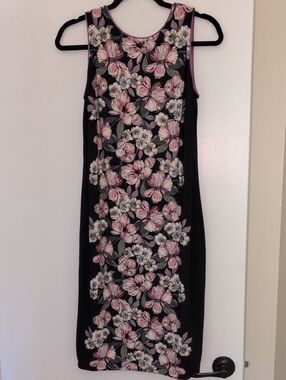 Sleeveless Black Dress with Pink Floral Print